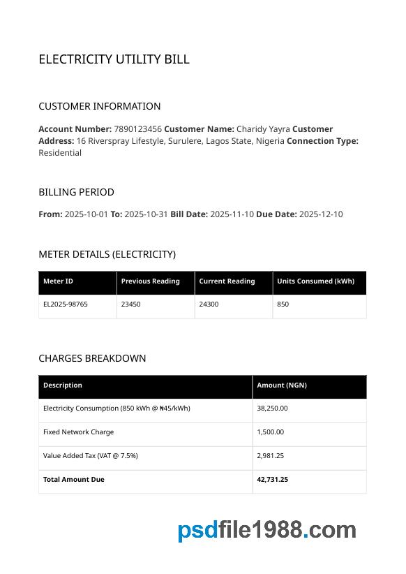 Nigeria Electricity Utility Bill